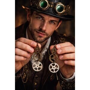 🧚🏻‍♀️ Steampunk Gear Dangle Earrings 3” Industrial Clockwork Style